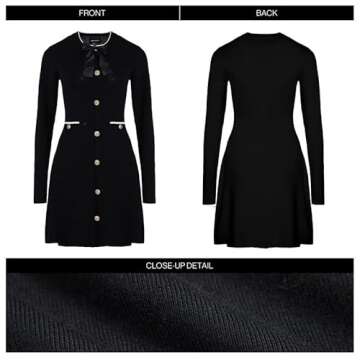 URBAN REVIVO Women's Sweater Dress Long Sleeve Knitted Dresses Button Down Mini Bow Tie Casual Dress Fall Winter Spring Black, X-Small
