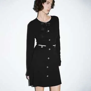 URBAN REVIVO Women's Sweater Dress Long Sleeve Knitted Dresses Button Down Mini Bow Tie Casual Dress Fall Winter Spring Black, X-Small