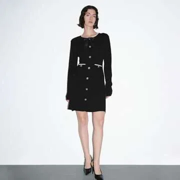 URBAN REVIVO Women's Sweater Dress Long Sleeve Knitted Dresses Button Down Mini Bow Tie Casual Dress Fall Winter Spring Black, X-Small