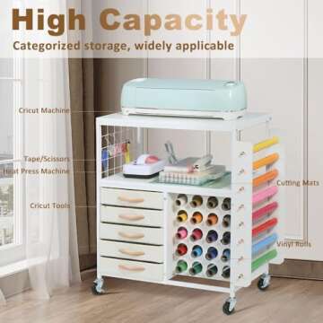 LUCKUP Organization and Storage Craft Table for Cricut Machines, Rolling Cart Cabinet with 28 Vinyl ...