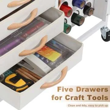 LUCKUP Organization and Storage Craft Table for Cricut Machines, Rolling Cart Cabinet with 28 Vinyl Roll Holders and 5 Drawers, Heat Press Stand Crafting Storage Cart with Hooks