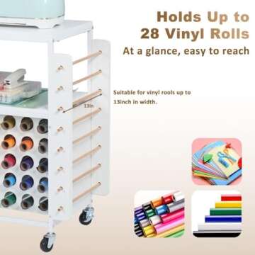 LUCKUP Organization and Storage Craft Table for Cricut Machines, Rolling Cart Cabinet with 28 Vinyl Roll Holders and 5 Drawers, Heat Press Stand Crafting Storage Cart with Hooks