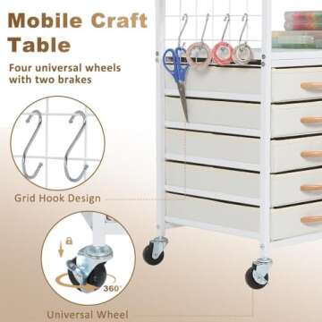 LUCKUP Organization and Storage Craft Table for Cricut Machines, Rolling Cart Cabinet with 28 Vinyl Roll Holders and 5 Drawers, Heat Press Stand Crafting Storage Cart with Hooks