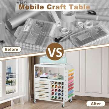 LUCKUP Organization and Storage Craft Table for Cricut Machines, Rolling Cart Cabinet with 28 Vinyl Roll Holders and 5 Drawers, Heat Press Stand Crafting Storage Cart with Hooks