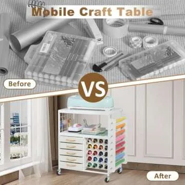 LUCKUP Organization and Storage Craft Table for Cricut Machines, Rolling Cart Cabinet with 28 Vinyl Roll Holders and 5 Drawers, Heat Press Stand Crafting Storage Cart with Hooks