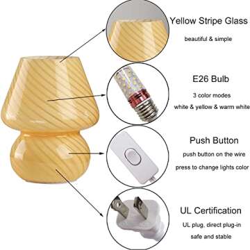 Jiesheng Table Lamp Mushroom Glass Bedside Lamp with 3 Color Modes Bulb LED Nightstand Lamp Small Decorative Table Lamp for Bedroom Living Room Gift Present Not Dimmable(Yellow Stripe)