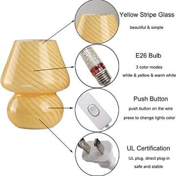 Jiesheng Table Lamp Mushroom Glass Bedside Lamp with 3 Color Modes Bulb LED Nightstand Lamp Small Decorative Table Lamp for Bedroom Living Room Gift Present Not Dimmable(Yellow Stripe)