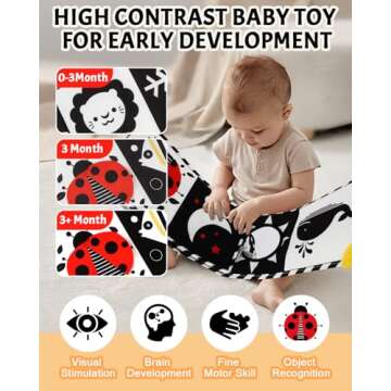 High Contrast Baby Toys, Black and White Newborn Toys for Brain Development, Soft Baby Books, Infant Sensory Toys 0-6-12 Months, Tummy Time Toys, Visual Stimulation Montessori Toy Gift