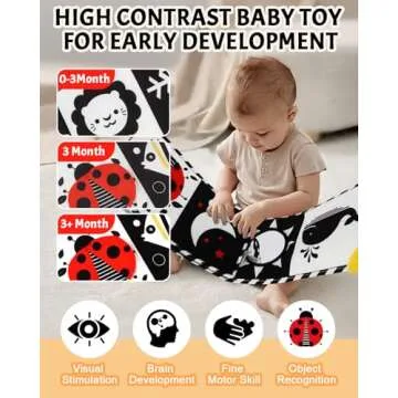 High Contrast Baby Toys, Black and White Newborn Toys for Brain Development, Soft Baby Books, Infant Sensory Toys 0-6-12 Months, Tummy Time Toys, Visual Stimulation Montessori Toy Gift