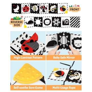 High Contrast Baby Toys, Black and White Newborn Toys for Brain Development, Soft Baby Books, Infant Sensory Toys 0-6-12 Months, Tummy Time Toys, Visual Stimulation Montessori Toy Gift