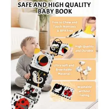 High Contrast Baby Toys, Black and White Newborn Toys for Brain Development, Soft Baby Books, Infant Sensory Toys 0-6-12 Months, Tummy Time Toys, Visual Stimulation Montessori Toy Gift