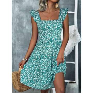 Loemes Beach Dresses for Women 2025 Vacation Party Dress Plus Size Dresses for Wedding Guest Midi Sun Dresses Women Summer Casual S Green Floral