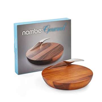 nambe Harmony Cheese Board with Knife | Made of Acacia Wood and Stainless Steel | 12 Inch Serving Set | Charcuterie and Butter Board | Serving Platter Hostess Gift in Box | Designed by Wei Young