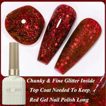 KAHSOSE Red Chunky Glitter Gel Nail Polish, Red Glitter Nail Polish, Long Lasting Christmas Gel Polish, Bright Glitter Nail Polish Gel for Women & Girls, Red UV Nail Gel, 0.5 Floz