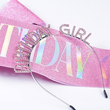 JunyRuny Birthday Girl Glitter Sash & Tiara Set for Parties