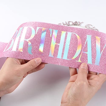 JunyRuny Birthday Girl Glitter Sash & Tiara Set for Parties