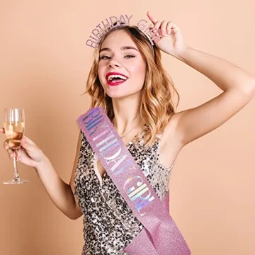 JunyRuny Birthday Girl Glitter Sash & Tiara Set for Parties
