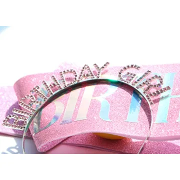 JunyRuny Birthday Girl Glitter Sash & Tiara Set for Parties