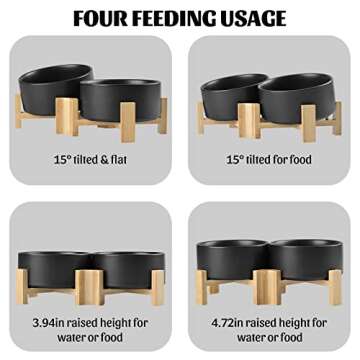 SPUNKYJUNKY 15° Slanted Ceramic Dog and Cat Bowl with Wooden Stand, Tilted Bulldog Food and Water B...