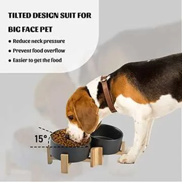 SPUNKYJUNKY 15° Slanted Ceramic Dog and Cat Bowl with Wooden Stand, Tilted Bulldog Food and Water Bowl No Slip Non-Spill for Cats Medium Dogs Big Face Pets 28.7 OZ (3.6 Cups, Black × 2)