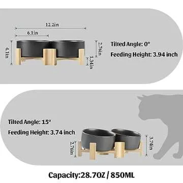 SPUNKYJUNKY 15° Slanted Ceramic Dog and Cat Bowl with Wooden Stand, Tilted Bulldog Food and Water Bowl No Slip Non-Spill for Cats Medium Dogs Big Face Pets 28.7 OZ (3.6 Cups, Black × 2)