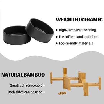 SPUNKYJUNKY 15° Slanted Ceramic Dog and Cat Bowl with Wooden Stand, Tilted Bulldog Food and Water Bowl No Slip Non-Spill for Cats Medium Dogs Big Face Pets 28.7 OZ (3.6 Cups, Black × 2)