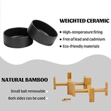 SPUNKYJUNKY 15° Slanted Ceramic Dog and Cat Bowl with Wooden Stand, Tilted Bulldog Food and Water Bowl No Slip Non-Spill for Cats Medium Dogs Big Face Pets 28.7 OZ (3.6 Cups, Black × 2)
