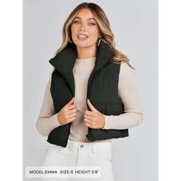 MEROKEETY Women's Stand Up Collar Solid Color Crop Puffer Jacket Vest Warm Outerwear Padded Gilet,Black,M