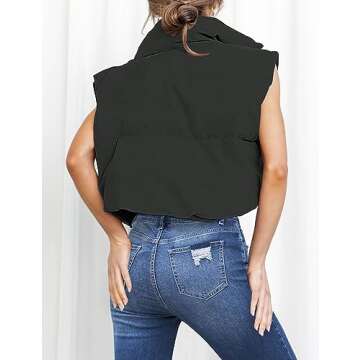 MEROKEETY Women's Stand Up Collar Solid Color Crop Puffer Jacket Vest Warm Outerwear Padded Gilet,Black,M
