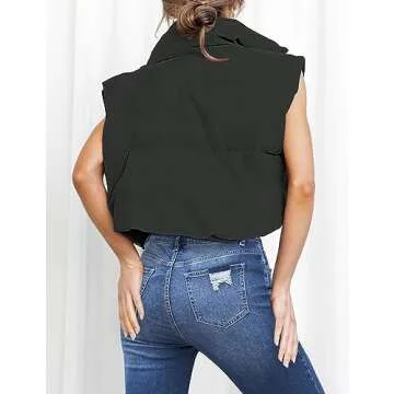 MEROKEETY Women's Stand Up Collar Solid Color Crop Puffer Jacket Vest Warm Outerwear Padded Gilet,Black,M