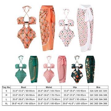 Two Pieces Swimsuits for Women Sheer Cover Ups Cheeky Push Up Bathing Suits with Wrap Skirt Halter Flattering High Cut Bikini Set Floral Sexy Plunge Summer Brazilian Swimwear Green Halter S