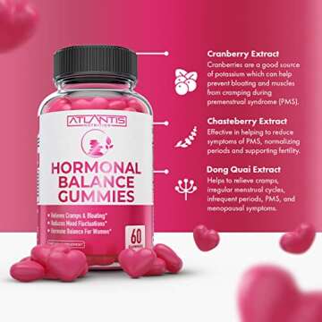 Atlantis Nutrition Hormonal Balance for Women & PMS Relief Gummies - Alleviates Cramps, Bloating, Mood Swings, Hot Flashes & Night Sweats - Cranberry, Dong Quai & Chasteberry Menstrual Cramp Relief