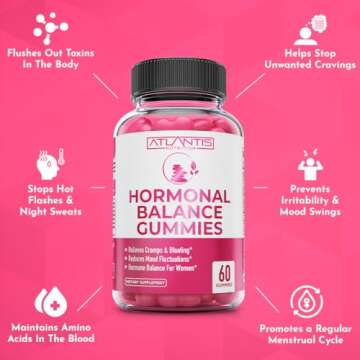 Atlantis Nutrition Hormonal Balance for Women & PMS Relief Gummies - Alleviates Cramps, Bloating, Mood Swings, Hot Flashes & Night Sweats - Cranberry, Dong Quai & Chasteberry Menstrual Cramp Relief