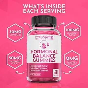 Atlantis Nutrition Hormonal Balance for Women & PMS Relief Gummies - Alleviates Cramps, Bloating, Mood Swings, Hot Flashes & Night Sweats - Cranberry, Dong Quai & Chasteberry Menstrual Cramp Relief