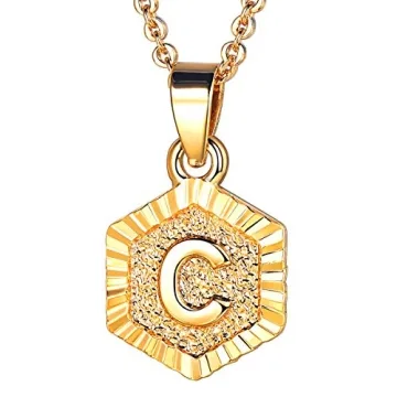 FOCALOOK Initial Necklace Yellow Charm 18K Gold Plated Small Hexagon Capital Letter C Pendant Neckla...