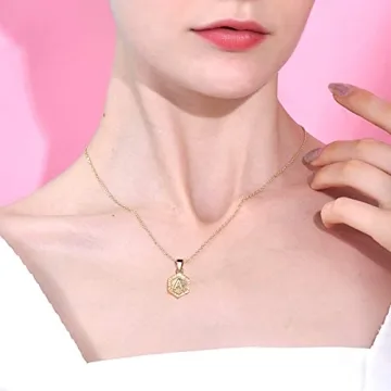 FOCALOOK Initial Necklace Yellow Charm 18K Gold Plated Small Hexagon Capital Letter C Pendant Necklaces for Women
