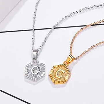 FOCALOOK Initial Necklace Yellow Charm 18K Gold Plated Small Hexagon Capital Letter C Pendant Necklaces for Women