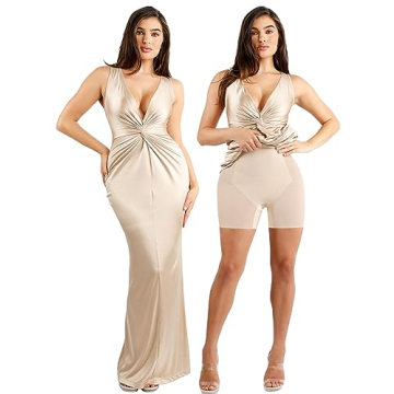 Popilush Shapewear Dress Ruched Bodycon - Deep V Neck Maxi Formal Dresses Built in Shapewear Sleevel...