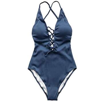 CUPSHE Women's Remind Me Solid One-Piece Swimsuit Bathing Suit,Blue,Medium (USA 8/10)