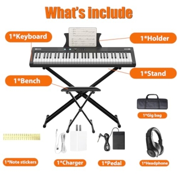 Keyboard Piano, 61 Key Piano Keyboard, Semi-Weighted Keys, Digital Music Keyboard with Power Supply, Piano Stand, Stool and Microphone, Electronic Music Keyboard for Beginners