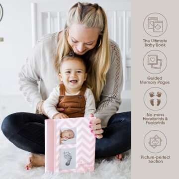 Pearhead Baby Memory Book, First 5 Years Baby Milestone Book, Pregnancy Journal, Gender Neutral Newborn Keepsake, With Clean-Touch Ink Pad For Baby's Handprint or Footprint, Pink Chevron