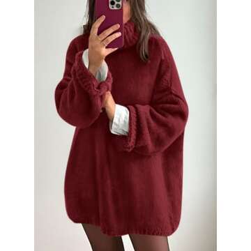 PRETTYGARDEN Women's Knit Oversized Sweater Fall Fashion Casual Long Sleeve Turtleneck Loose Chunky Pullover Tops (Wine Red,X-Large)