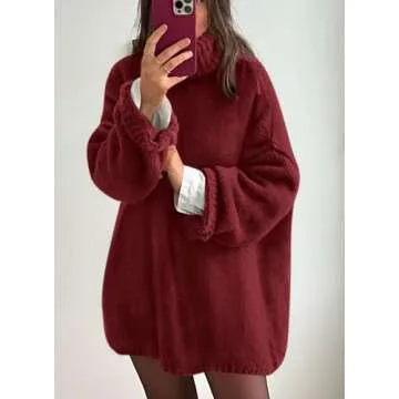 PRETTYGARDEN Women's Knit Oversized Sweater Fall Fashion Casual Long Sleeve Turtleneck Loose Chunky Pullover Tops (Wine Red,X-Large)