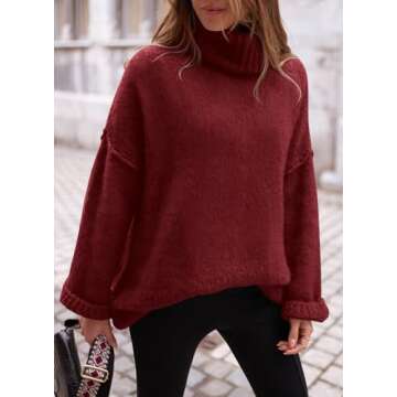PRETTYGARDEN Women's Knit Oversized Sweater Fall Fashion Casual Long Sleeve Turtleneck Loose Chunky Pullover Tops (Wine Red,X-Large)