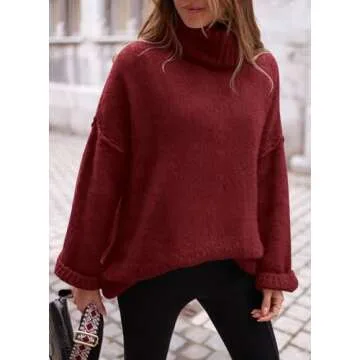 PRETTYGARDEN Women's Knit Oversized Sweater Fall Fashion Casual Long Sleeve Turtleneck Loose Chunky Pullover Tops (Wine Red,X-Large)