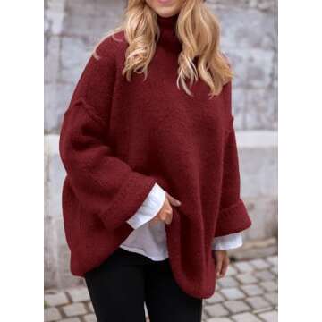 PRETTYGARDEN Women's Knit Oversized Sweater Fall Fashion Casual Long Sleeve Turtleneck Loose Chunky Pullover Tops (Wine Red,X-Large)