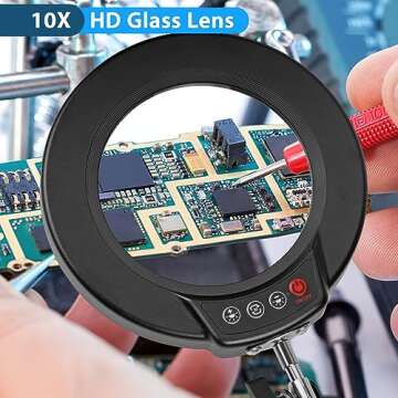 MagnieOpti 10X Magnifying Glass with Light and Clamp, 5 Color Modes Stepless Dimmable Real Glass Lighted Magnifier, Hands Free LED Magnifying Desk Lamp for Painting Craft Close Work Reading Repairing