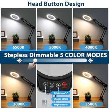 MagnieOpti 10X Magnifying Glass with Light and Clamp, 5 Color Modes Stepless Dimmable Real Glass Lighted Magnifier, Hands Free LED Magnifying Desk Lamp for Painting Craft Close Work Reading Repairing