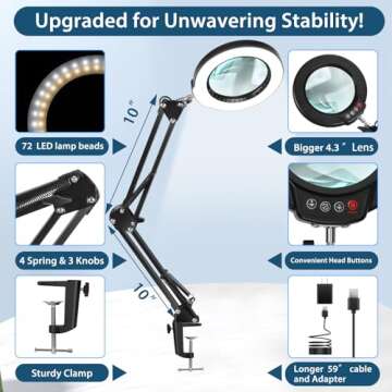 MagnieOpti 10X Magnifying Glass with Light and Clamp, 5 Color Modes Stepless Dimmable Real Glass Lighted Magnifier, Hands Free LED Magnifying Desk Lamp for Painting Craft Close Work Reading Repairing