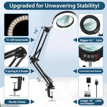 MagnieOpti 10X Magnifying Glass with Light and Clamp, 5 Color Modes Stepless Dimmable Real Glass Lighted Magnifier, Hands Free LED Magnifying Desk Lamp for Painting Craft Close Work Reading Repairing